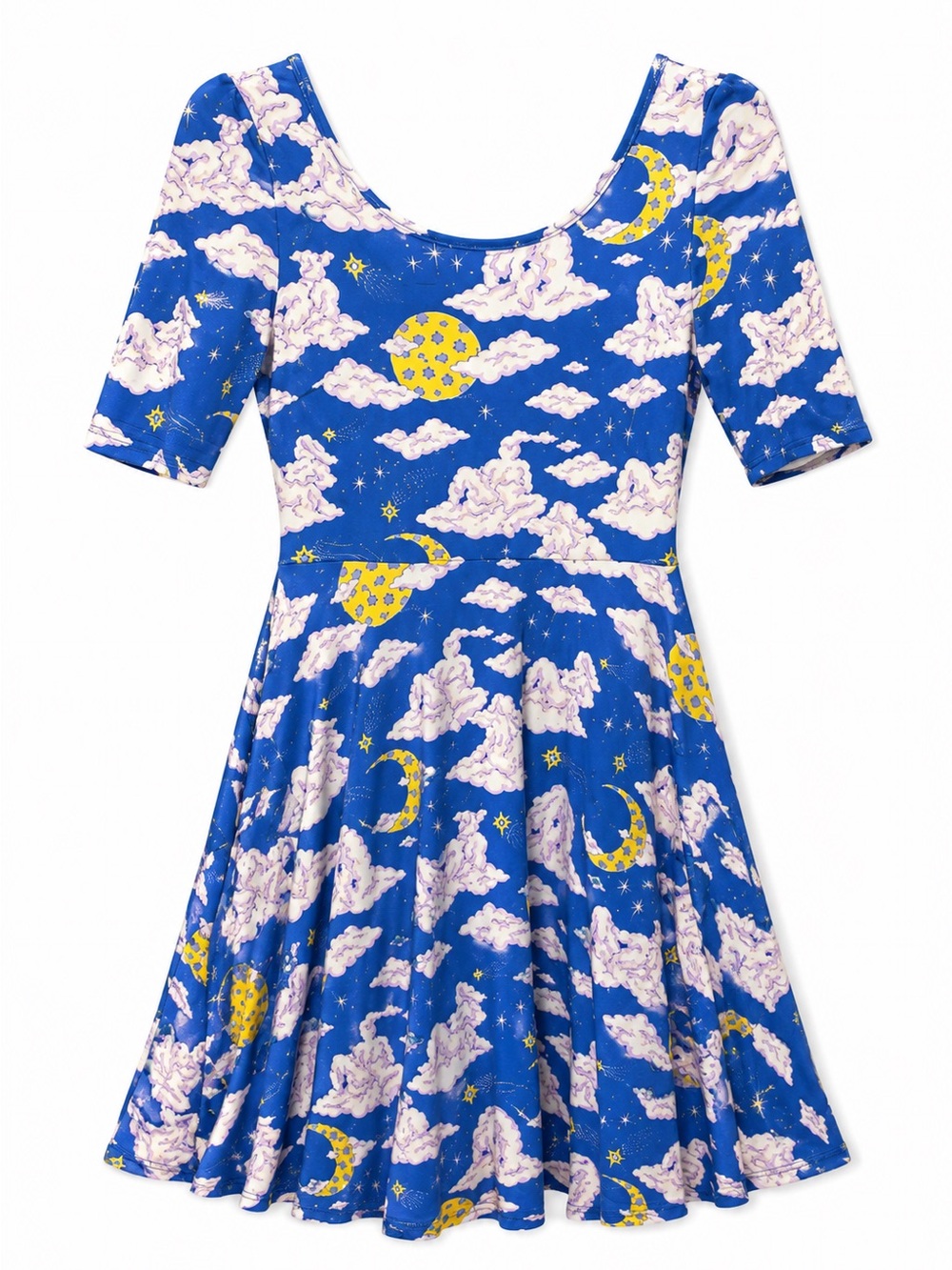 Nooworks Celestial Moon Cloud Print Skater Dress Blue Cosmic Dress